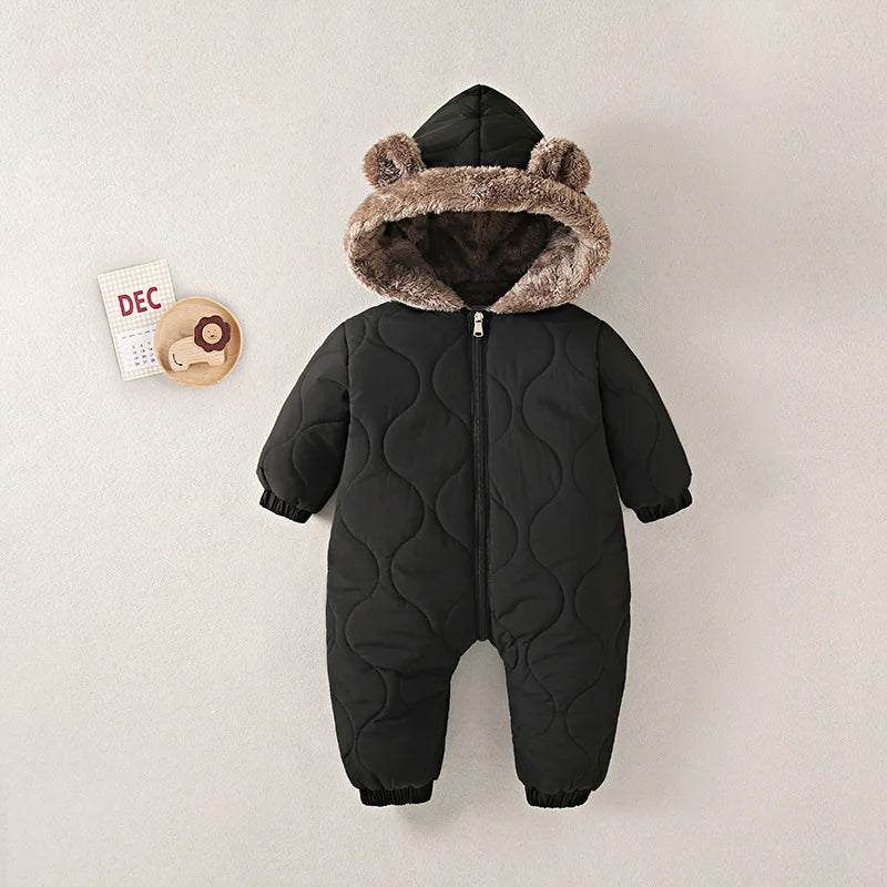 0-3 years baby onesies autumn and winter fleece warm cotton clothes newborn clothes Baby solid color hooded crawling suit Baby