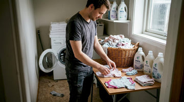En forelder står ved vaskemaskinen og sorterer små barneklær, klar til å sette på en ny vask.