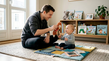 En pappa leker med babyen sin på et sanseleketeppe