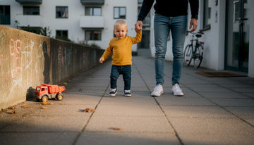 Liten tass tar sine aller første skritt ute i joggeskoene