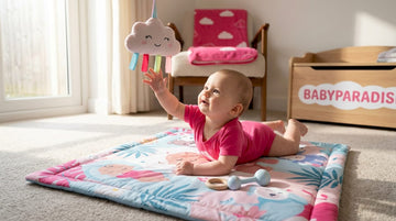 Babyen ligger og leker på lekematten midt i stua.