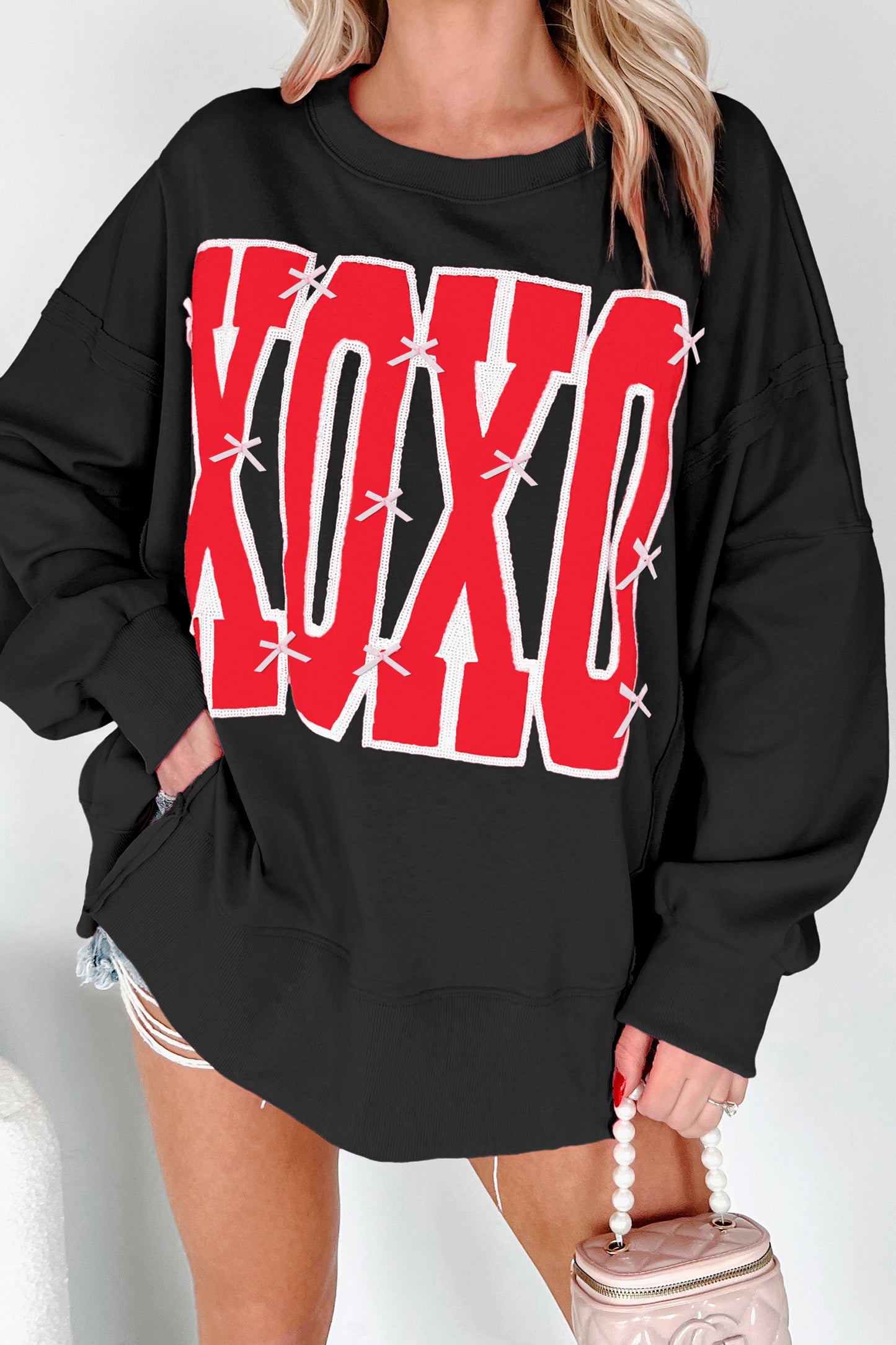 Pink Bow Sequin XOXO Letter Graphic Exposed Seam Sweatshirt