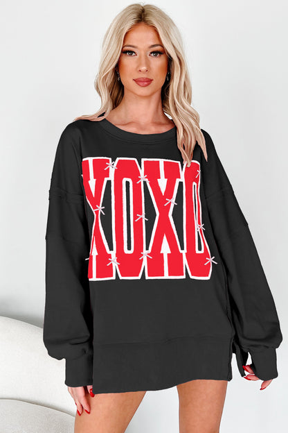 Pink Bow Sequin XOXO Letter Graphic Exposed Seam Sweatshirt