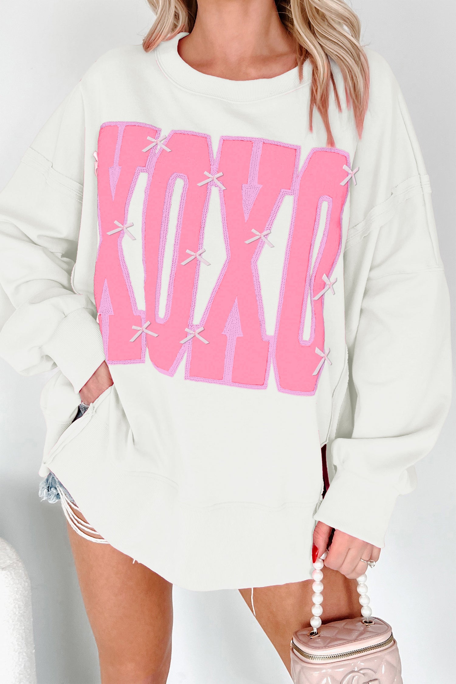Pink Bow Sequin XOXO Letter Graphic Exposed Seam Sweatshirt