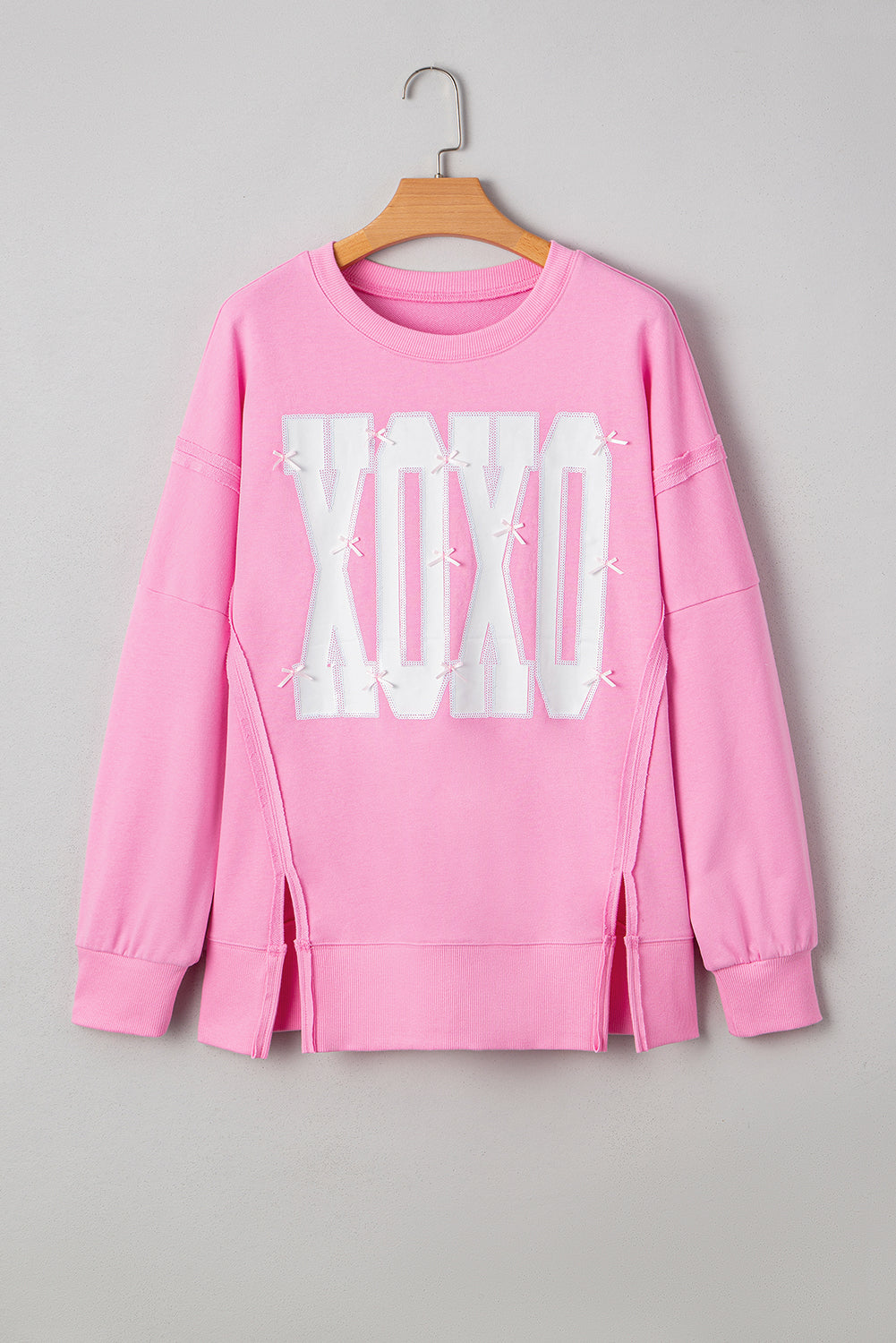 Pink Bow Sequin XOXO Letter Graphic Exposed Seam Sweatshirt