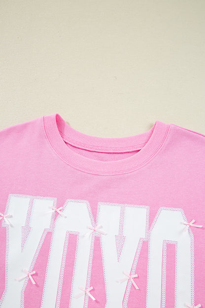 Pink Bow Sequin XOXO Letter Graphic Exposed Seam Sweatshirt