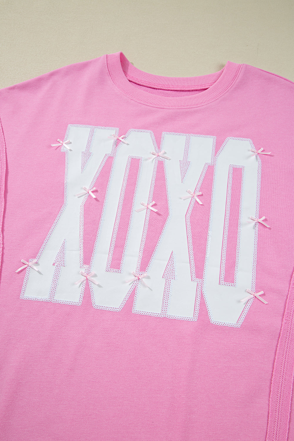 Pink Bow Sequin XOXO Letter Graphic Exposed Seam Sweatshirt