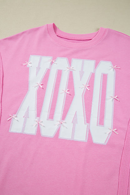 Pink Bow Sequin XOXO Letter Graphic Exposed Seam Sweatshirt