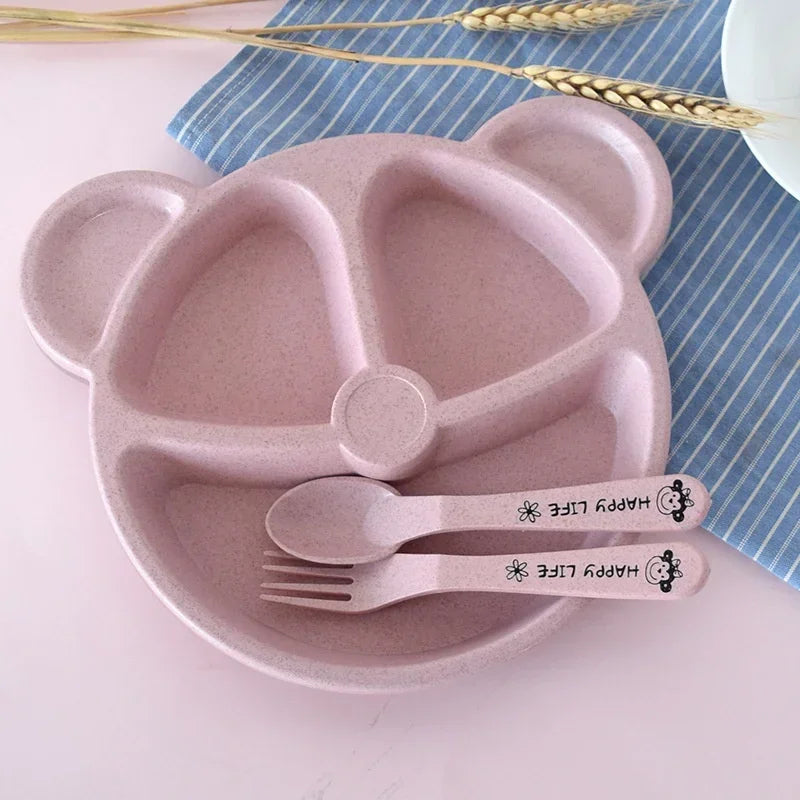 3Pcs/set Wheat Straw Baby Dishes Cartoon Tableware Set Kids Dinner Platos Baby Feeding Plate Training Bowl Spoon Fork Tableware by Baby Paradise