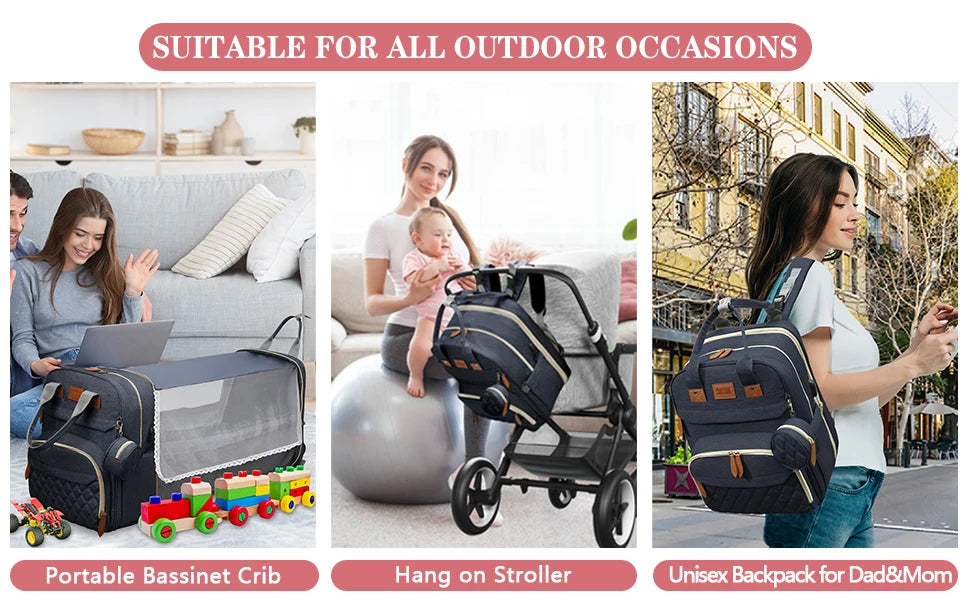 3 In 1 Diaper Bag Backpack Foldable Baby Bed Waterproof Travel Bag with USB Charge Diaper Bag Backpack with Changing Bed 3 types