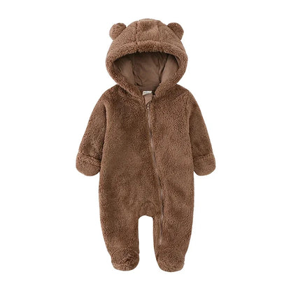 0-24M Baby Rompers Infant Clothes Winter Newborn Baby Boy Girl Zipper Bodysuit Bear Fleece Hooded Pyjamas