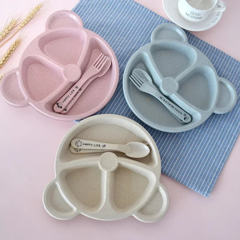 3Pcs/set Wheat Straw Baby Dishes Cartoon Tableware Set Kids Dinner Platos Baby Feeding Plate Training Bowl Spoon Fork Tableware by Baby Paradise