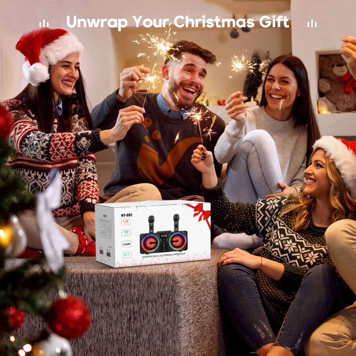 Karaoke All-in-One Karaoke Machine with 30W Bluetooth Speaker 2 Wireless Karaoke Microphones Rechargeable Microphone Slot