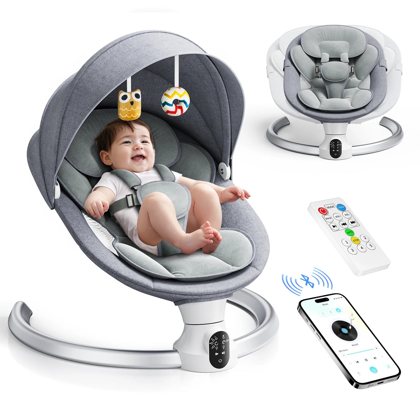 Electric Baby Swing Baby Rocker, APP and Remote Baby Scale From Birth to 9kg, 5-Point Harness Improved Baby Scale with 3 Timers