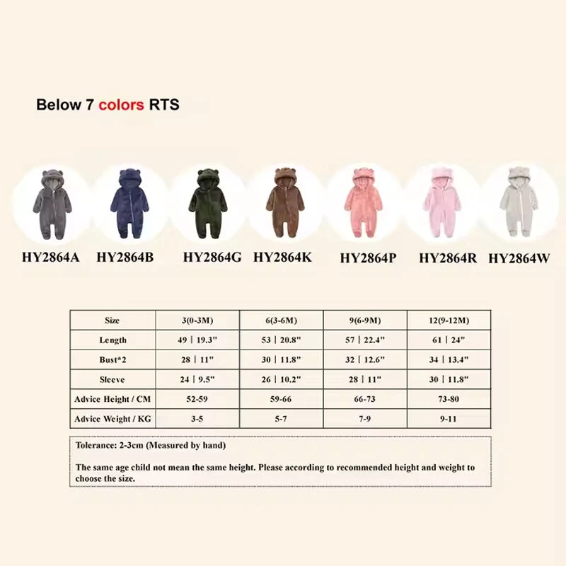 0-24M Baby Rompers Infant Clothes Winter Newborn Baby Boy Girl Zipper Bodysuit Bear Fleece Hooded Pyjamas
