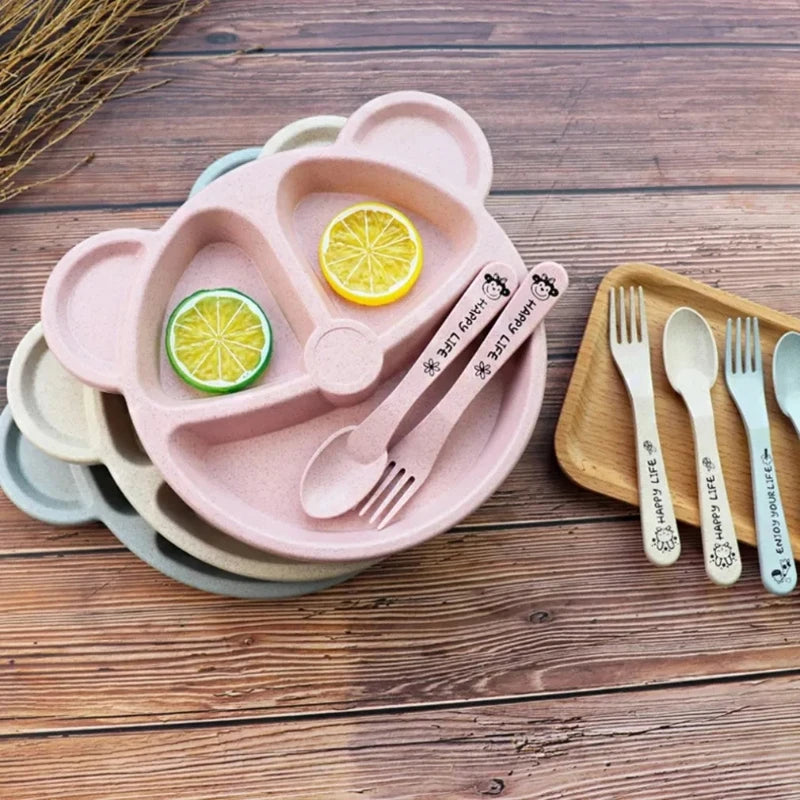 3Pcs/set Wheat Straw Baby Dishes Cartoon Tableware Set Kids Dinner Platos Baby Feeding Plate Training Bowl Spoon Fork Tableware by Baby Paradise