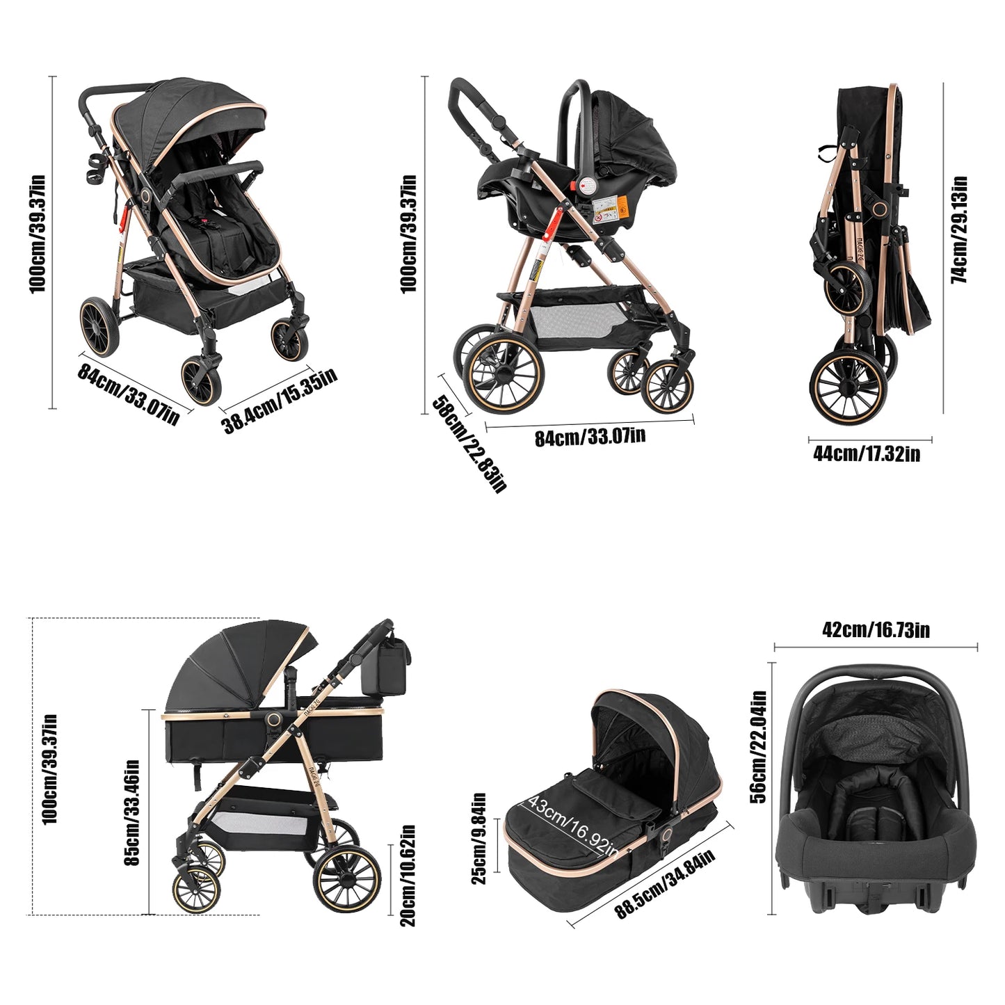 3 in 1 Baby Stroller Prams Lightweight Stroller Compact Foldable Stroller Newborn Stroller Travel System Pushchair Baby Buggy