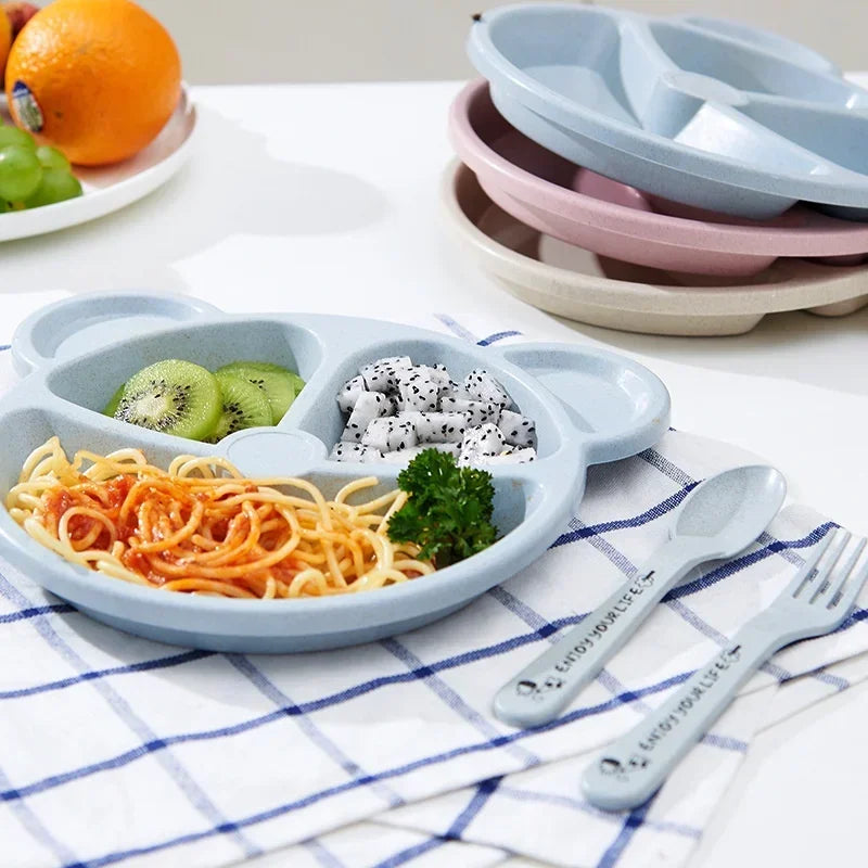 3Pcs/set Wheat Straw Baby Dishes Cartoon Tableware Set Kids Dinner Platos Baby Feeding Plate Training Bowl Spoon Fork Tableware by Baby Paradise