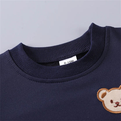 2PCS Spring and Autumn Baby Children's Long sleeved Simple Solid Color Polyester Little Bear Embroidered Hoodie Set of Two
