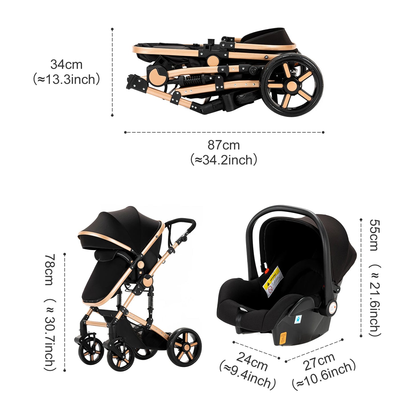 3 in 1 Baby Stroller Multifunction with Car Seat and Sleeping Basket Baby Pram Lightweight Infant Pushchair Compact Folding Pram