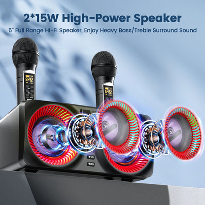 Karaoke All-in-One Karaoke Machine with 30W Bluetooth Speaker 2 Wireless Karaoke Microphones Rechargeable Microphone Slot