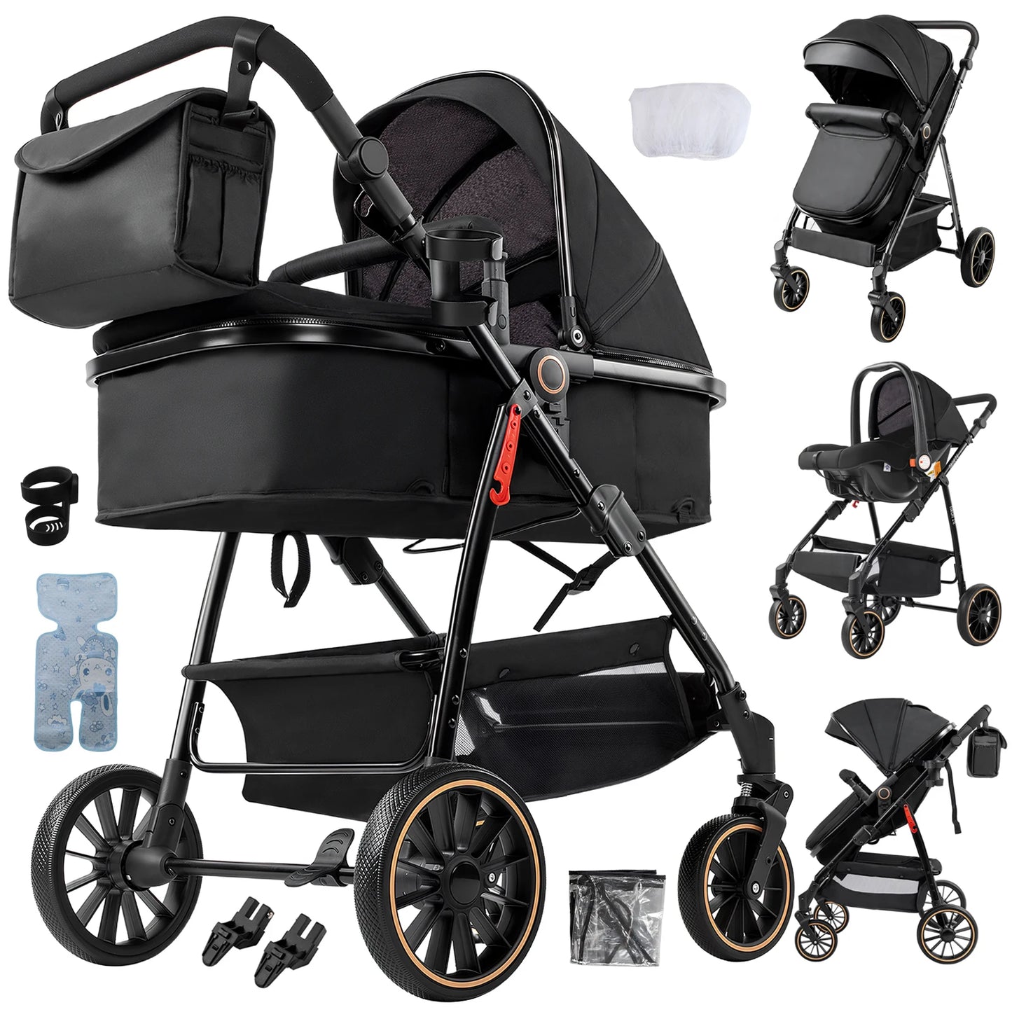 3 in 1 Baby Stroller Prams Lightweight Stroller Compact Foldable Stroller Newborn Stroller Travel System Pushchair Baby Buggy