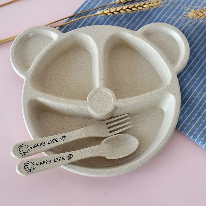 3Pcs/set Wheat Straw Baby Dishes Cartoon Tableware Set Kids Dinner Platos Baby Feeding Plate Training Bowl Spoon Fork Tableware by Baby Paradise