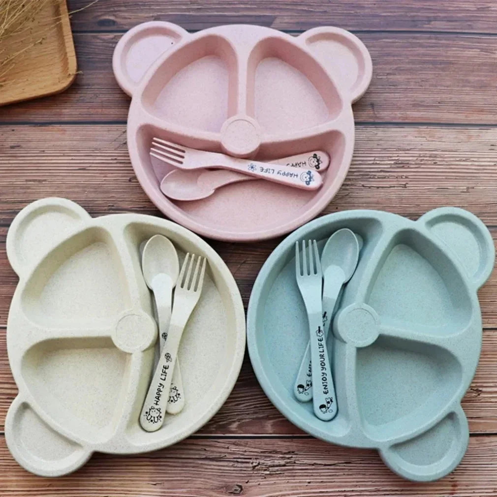 3Pcs/set Wheat Straw Baby Dishes Cartoon Tableware Set Kids Dinner Platos Baby Feeding Plate Training Bowl Spoon Fork Tableware by Baby Paradise