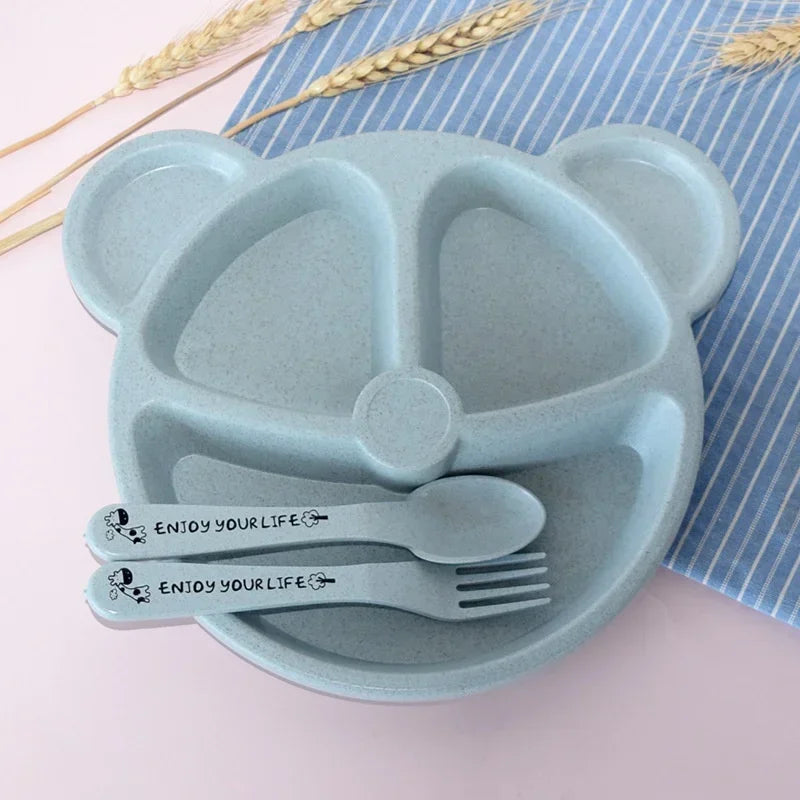 3Pcs/set Wheat Straw Baby Dishes Cartoon Tableware Set Kids Dinner Platos Baby Feeding Plate Training Bowl Spoon Fork Tableware by Baby Paradise