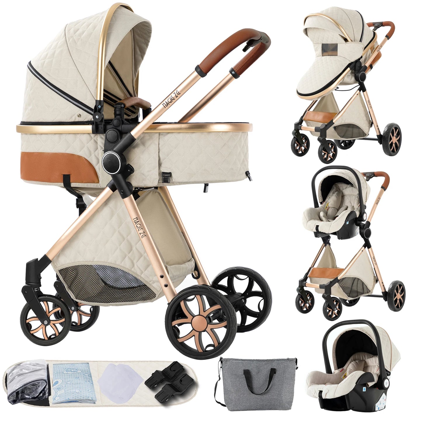 3 in 1 Baby Stroller Multifunction with Car Seat and Sleeping Basket Baby Pram Lightweight Infant Pushchair Compact Folding Pram
