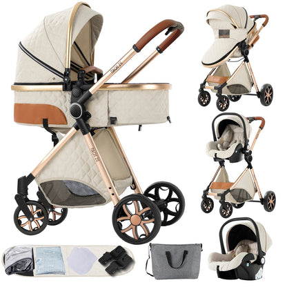 3 in 1 Baby Stroller Multifunction with Car Seat and Sleeping Basket Baby Pram Lightweight Infant Pushchair Compact Folding Pram