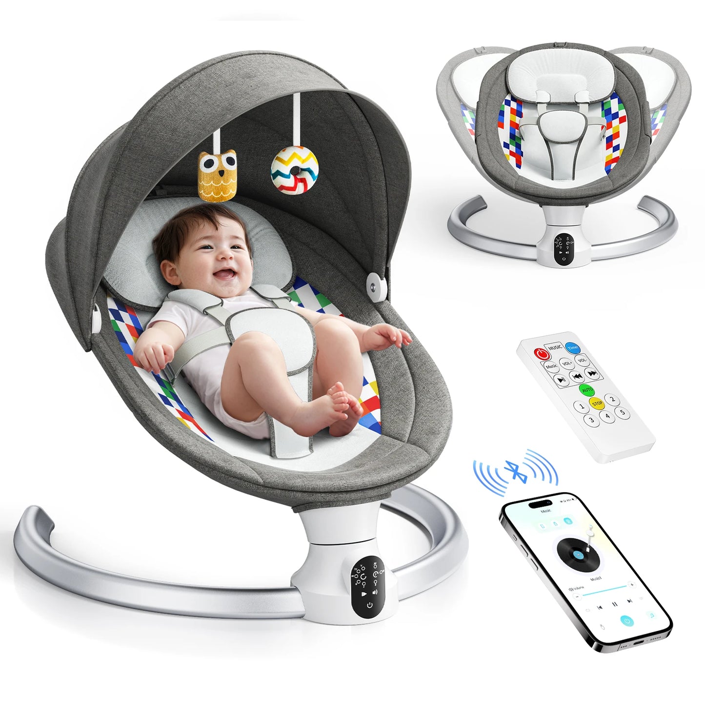 Electric Baby Swing Baby Rocker, APP and Remote Baby Scale From Birth to 9kg, 5-Point Harness Improved Baby Scale with 3 Timers