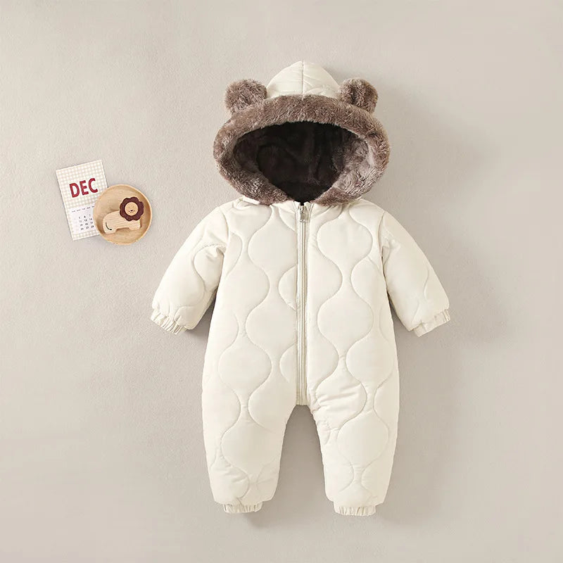 0-3 years baby onesies autumn and winter fleece warm cotton clothes newborn clothes Baby solid color hooded crawling suit Baby