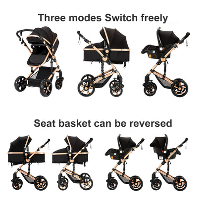 3 in 1 Baby Stroller Multifunction with Car Seat and Sleeping Basket Baby Pram Lightweight Infant Pushchair Compact Folding Pram