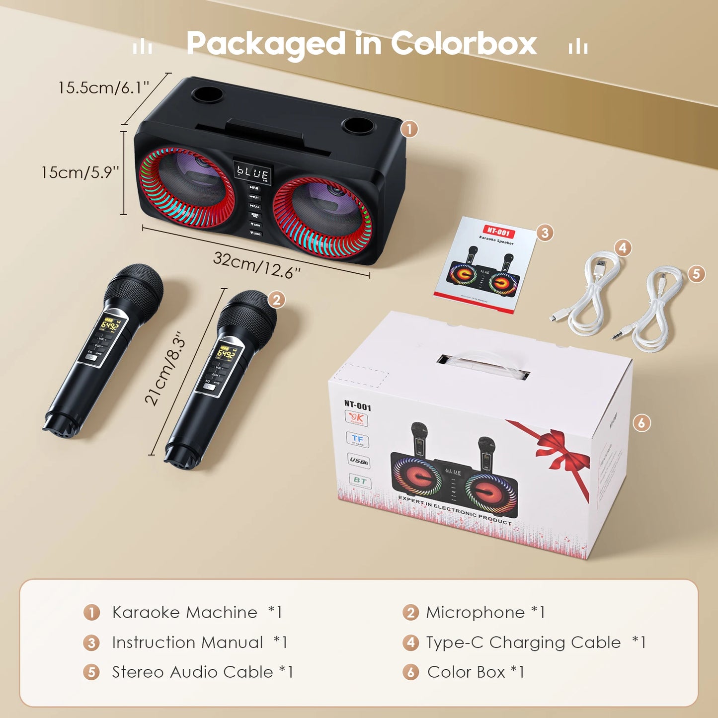 Karaoke All-in-One Karaoke Machine with 30W Bluetooth Speaker 2 Wireless Karaoke Microphones Rechargeable Microphone Slot