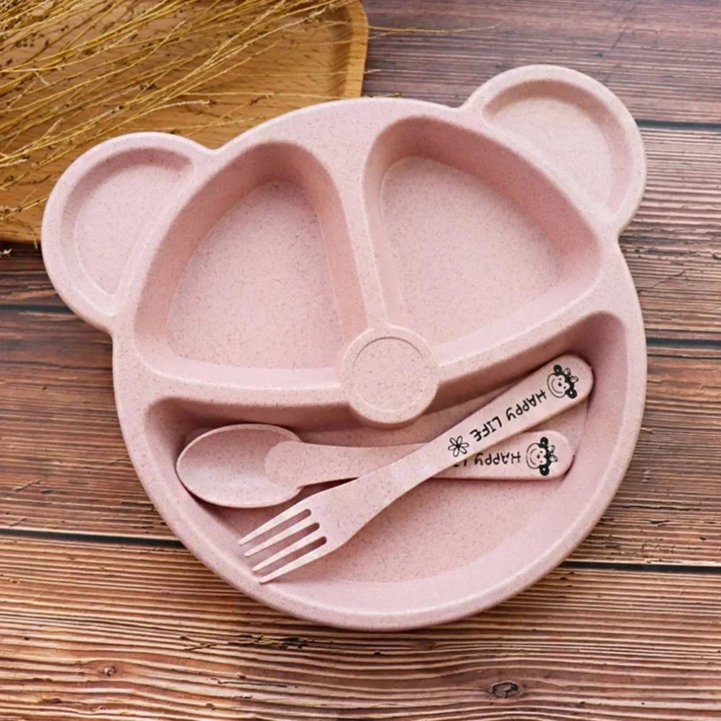 3Pcs/set Wheat Straw Baby Dishes Cartoon Tableware Set Kids Dinner Platos Baby Feeding Plate Training Bowl Spoon Fork Tableware by Baby Paradise