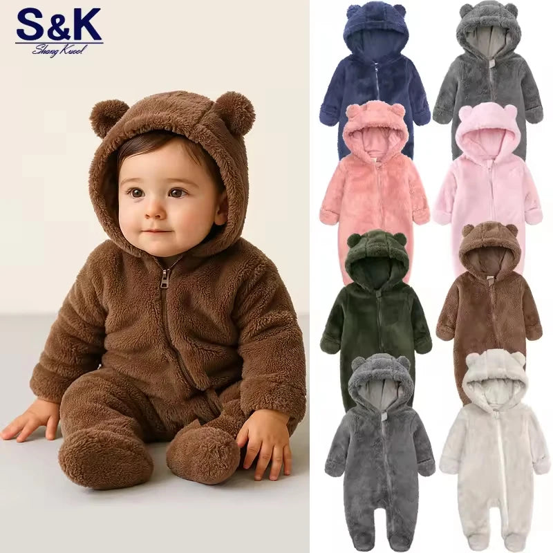 0-24M Baby Rompers Infant Clothes Winter Newborn Baby Boy Girl Zipper Bodysuit Bear Fleece Hooded Pyjamas by Baby Paradise