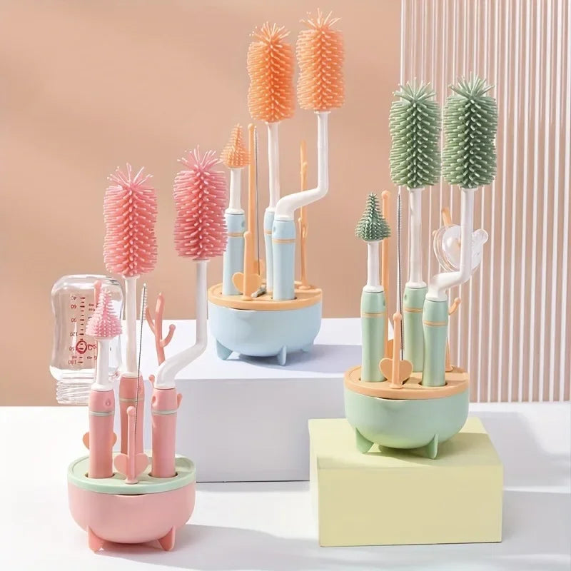 Portable 6 in 1 Baby Bottle Cleaner Set with Drying Rack, 2 Silicone Baby Bottle Brushes,Straw Brush, Nipple Brush & Storage Box by Baby Paradise
