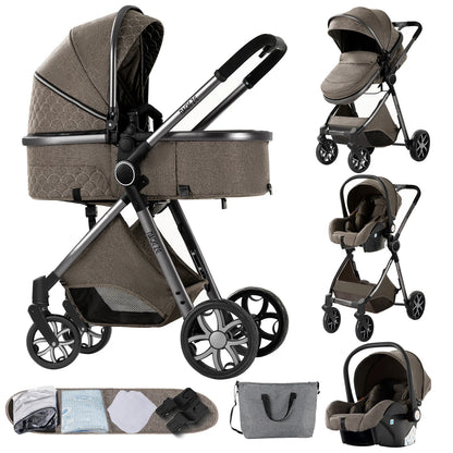3 in 1 Baby Stroller Multifunction with Car Seat and Sleeping Basket Baby Pram Lightweight Infant Pushchair Compact Folding Pram