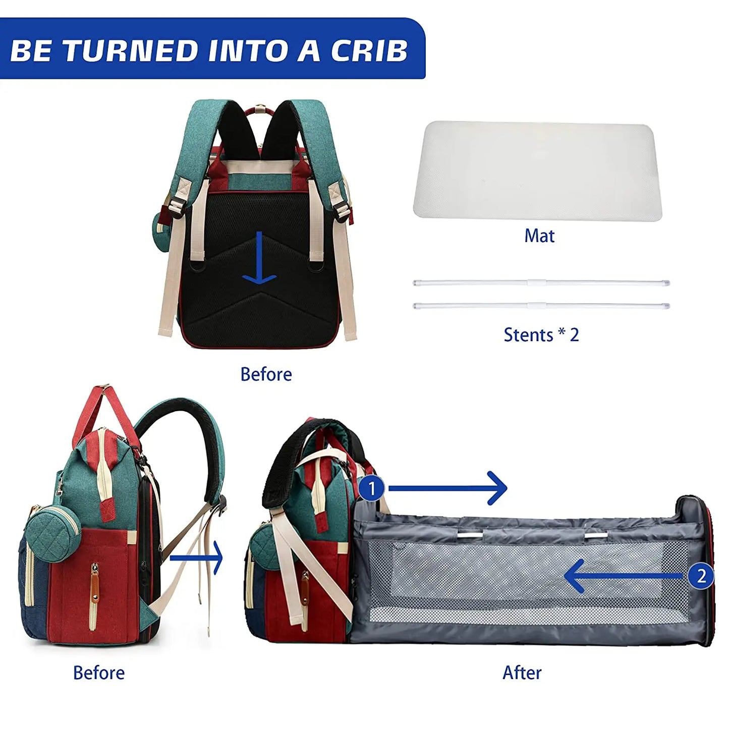 3 In 1 Diaper Bag Backpack Foldable Baby Bed Waterproof Travel Bag with USB Charge Diaper Bag Backpack with Changing Bed 3 types