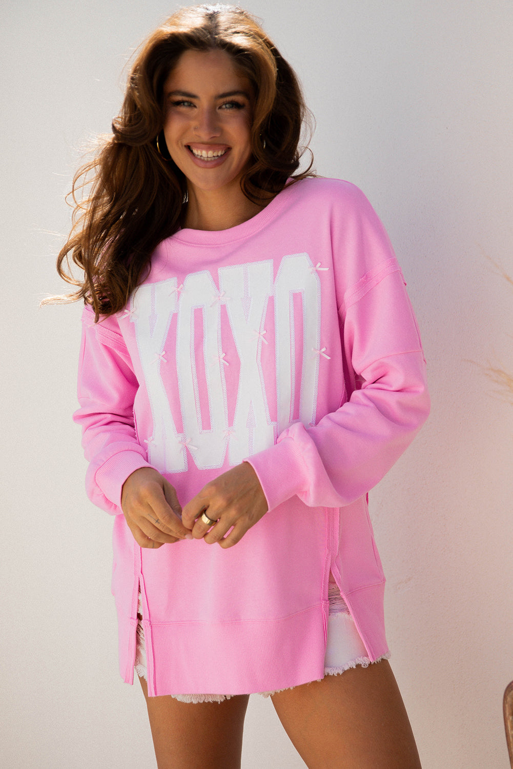 Pink Bow Sequin XOXO Letter Graphic Exposed Seam Sweatshirt