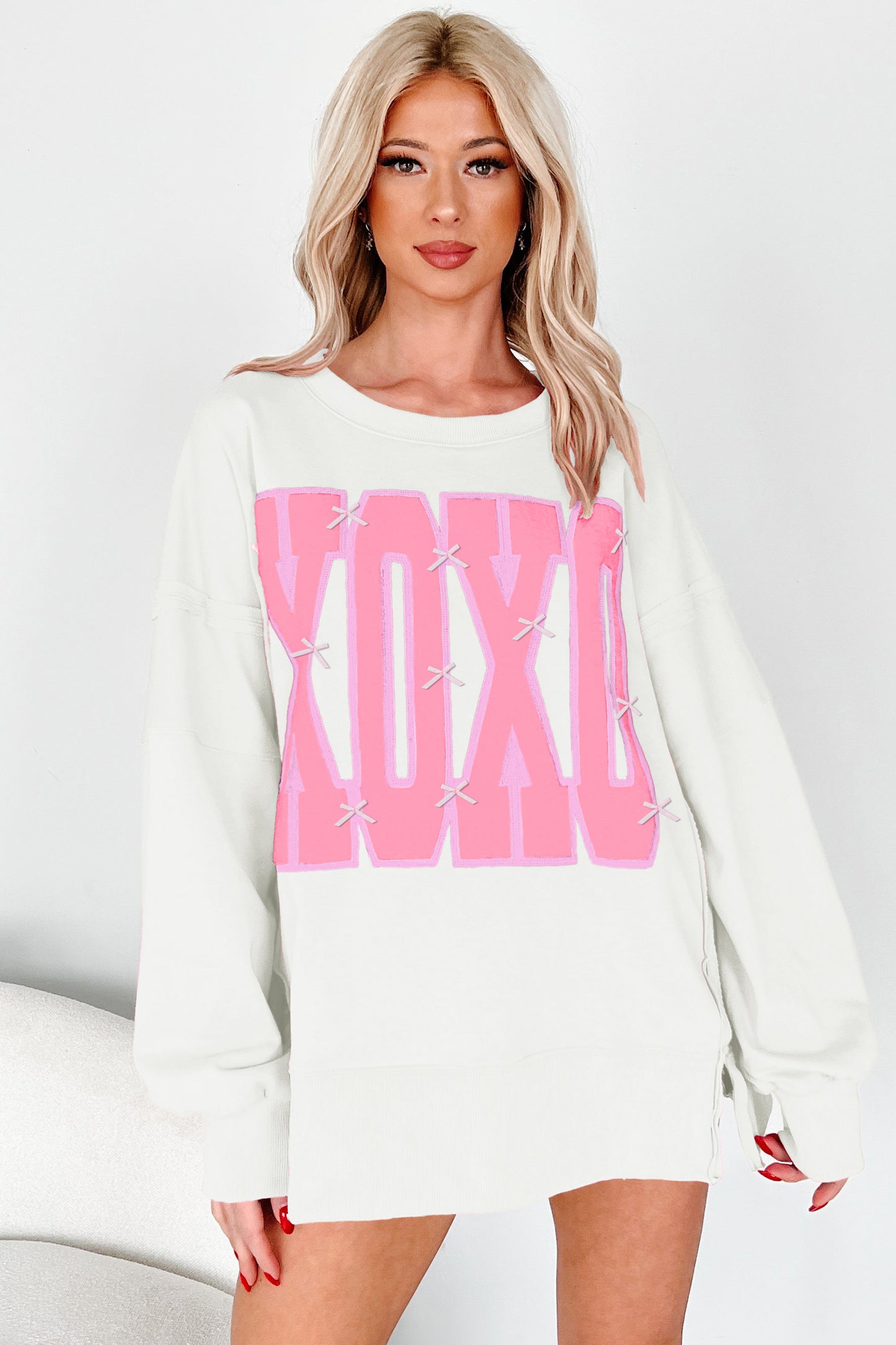 Pink Bow Sequin XOXO Letter Graphic Exposed Seam Sweatshirt