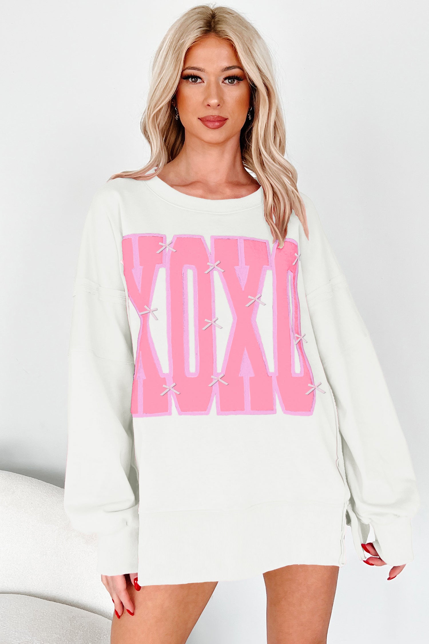 Pink Bow Sequin XOXO Letter Graphic Exposed Seam Sweatshirt