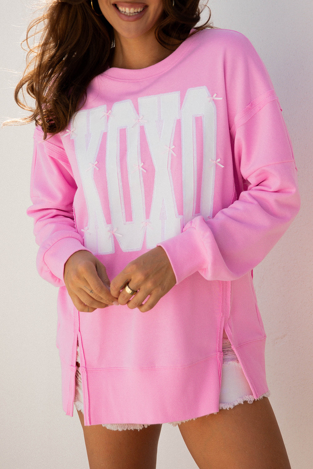 Pink Bow Sequin XOXO Letter Graphic Exposed Seam Sweatshirt