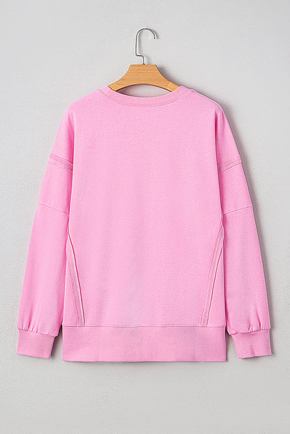 Pink Bow Sequin XOXO Letter Graphic Exposed Seam Sweatshirt